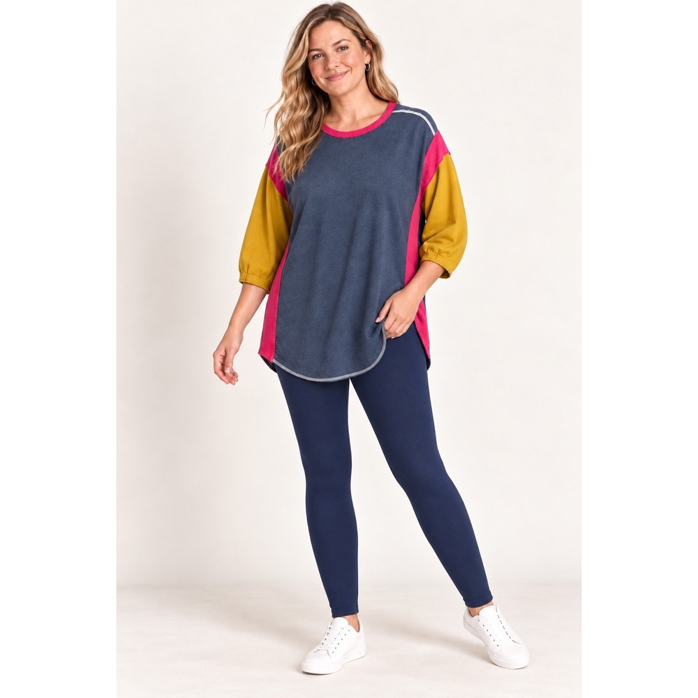 Natural Life Colorblock Tunic Top Large Boho Y2K Grey Pink Yellow Puff Sleeve